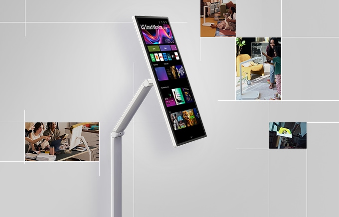 그라데이션 배경에 LG 스마모니터 스윙 한대가 중앙에 보이고, 좌,우로 스마트 스윈 제품을 실제 사용하고 있는 이미지들이 4컷이 배치 되어있는 이미지 입니다.